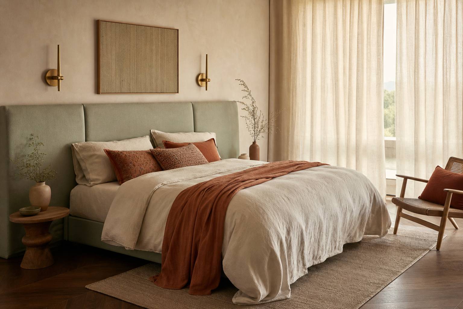 Chambre d'hôtel élégante avec tête de lit en tissu coloré, coussins à motifs et appliques en laiton