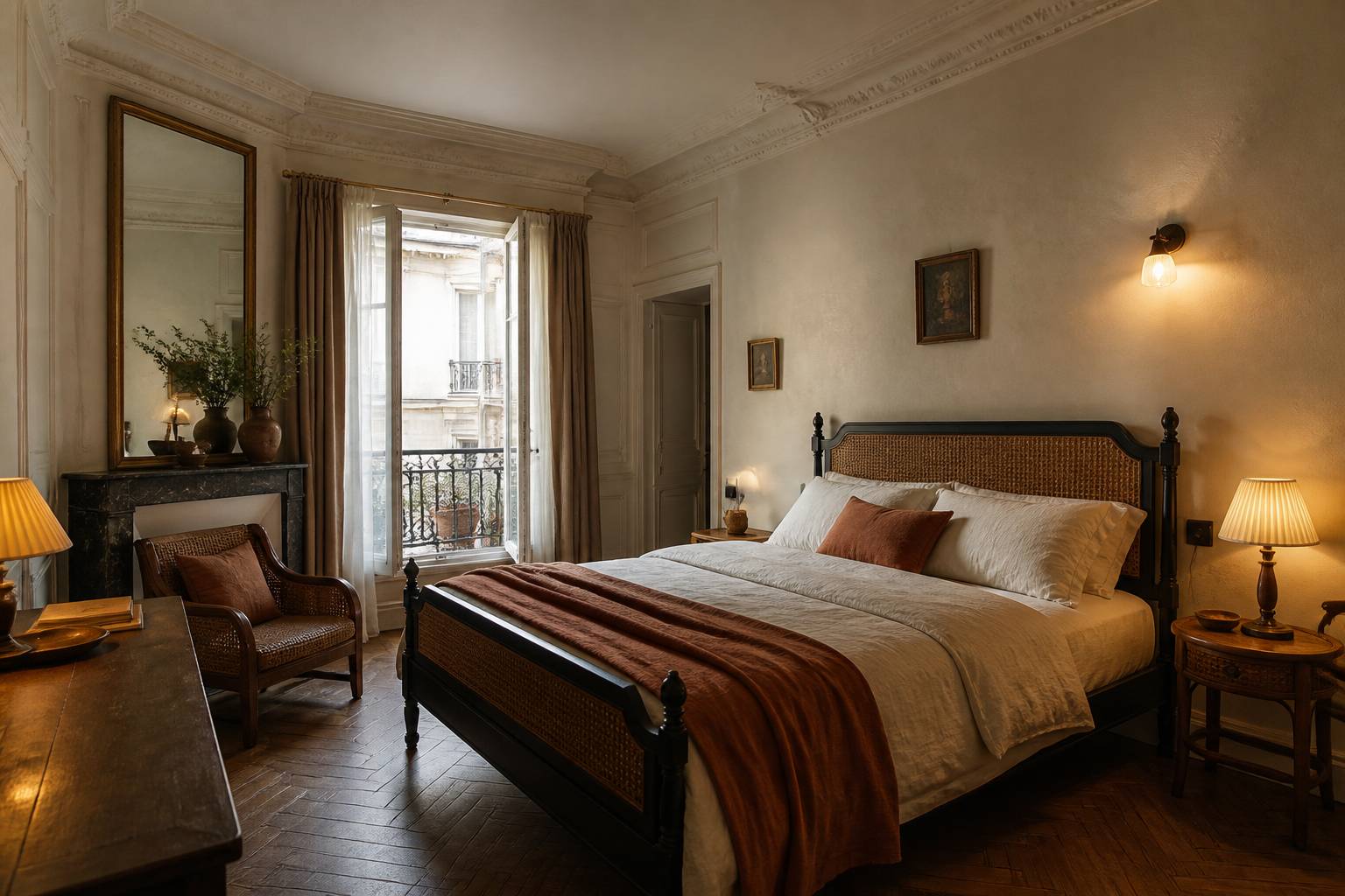 Chambre d'hôtel vintage avec moulures, rotin et literie crème