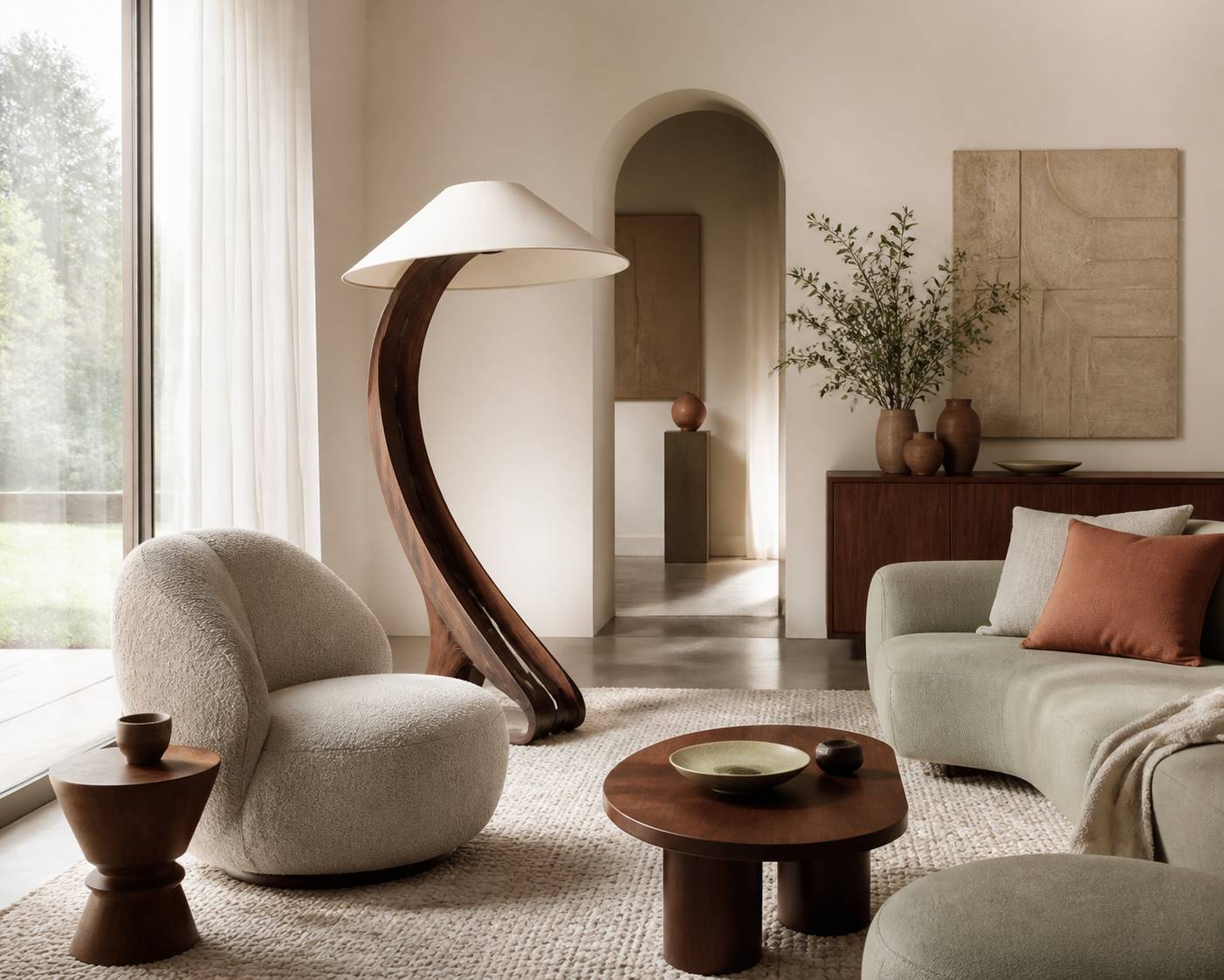 Intérieur design avec un lampadaire sculptural et du mobilier aux lignes épurées
