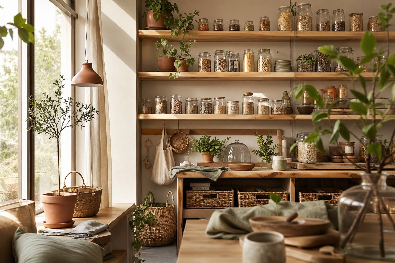 Concept-store bio avec bocaux vrac en verre et plantes vertes sur étagères en bois