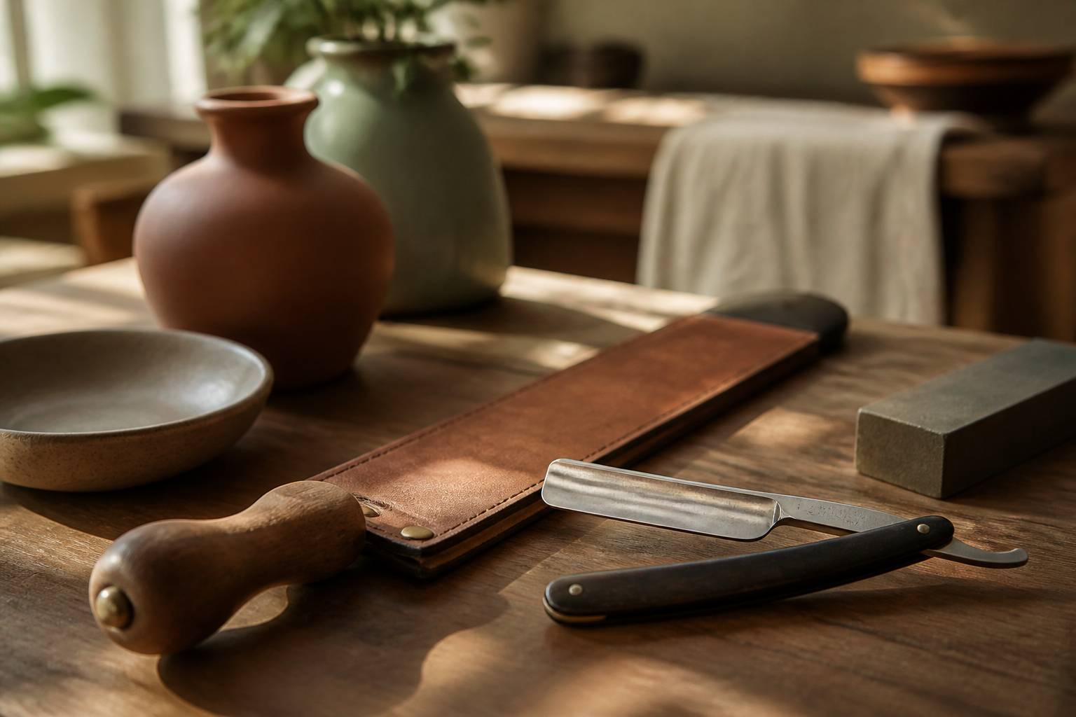Coupe-chou et cuir à rasoir posés sur une table en bois pour l'affûtage