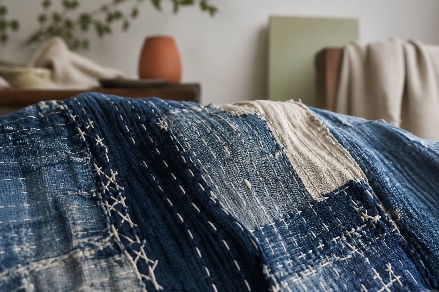 Coutures boro sur tissu indigo aux pièces superposées