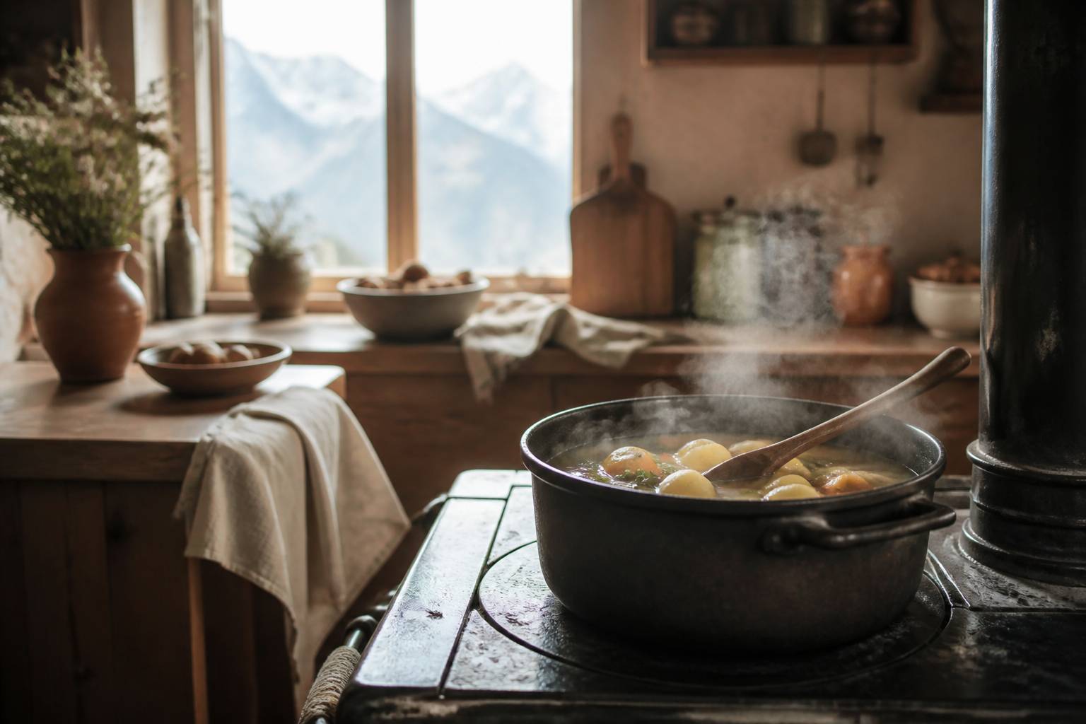 Casserole mijotant sur un poêle en fonte avec légumes de montagne