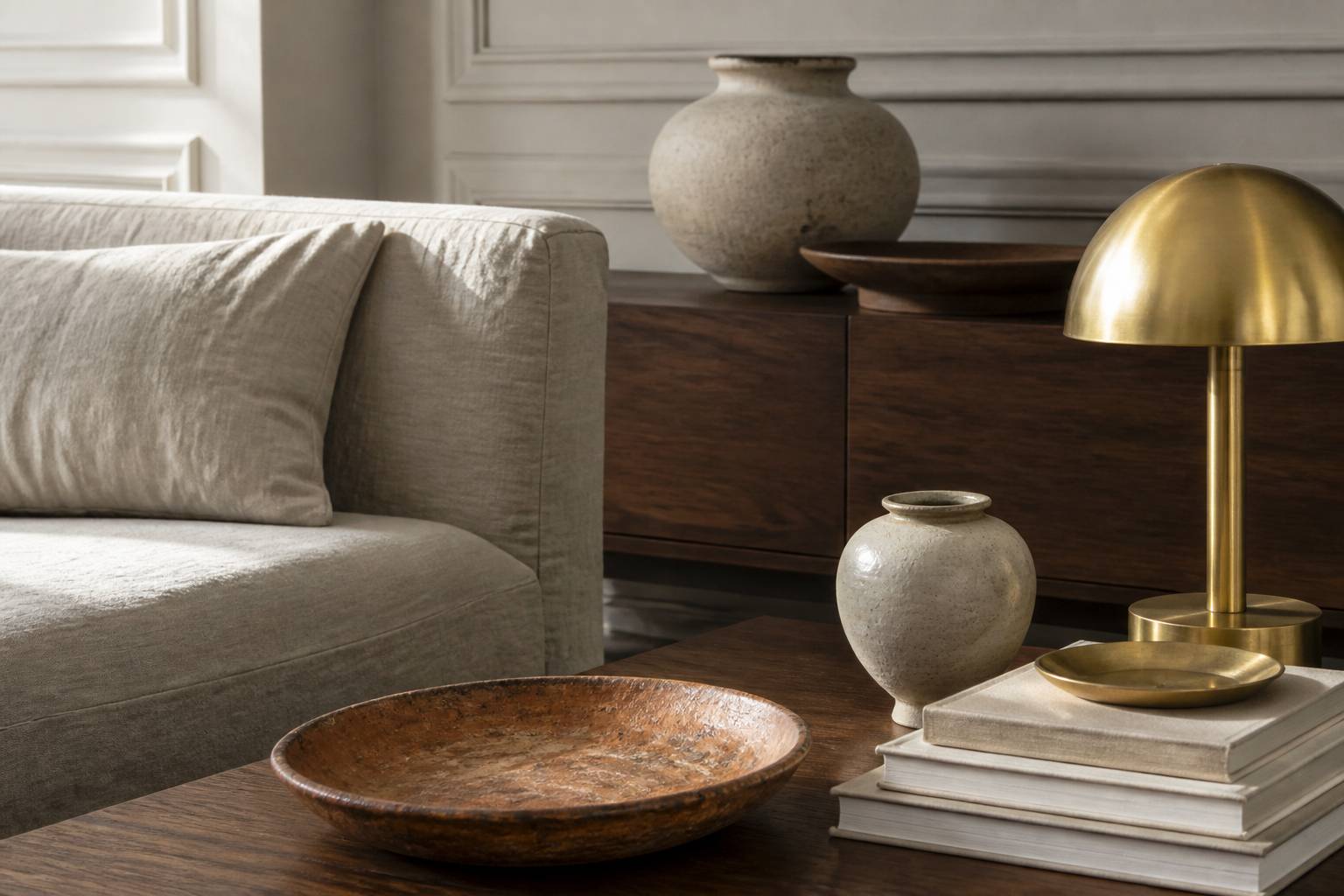 Objets chinés en céramique, lampe d'auteur en laiton et livres empilés dans un coin de canapé en lin
