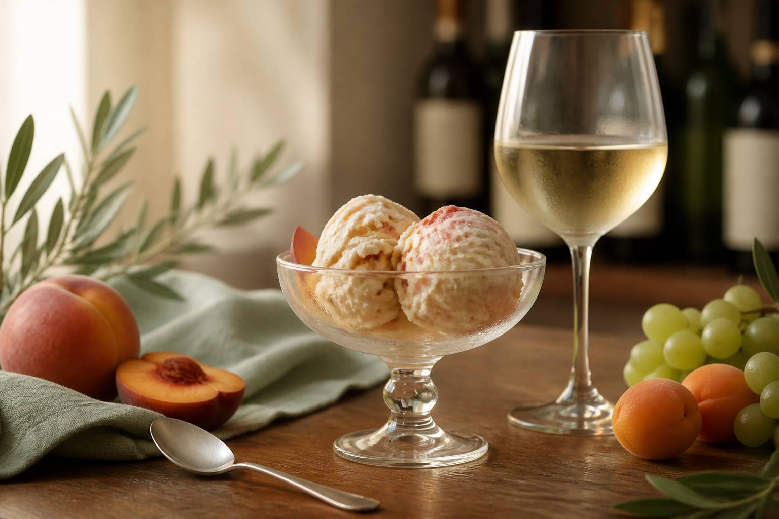 Coupe de glace artisanale accompagnée d'un verre de vin blanc