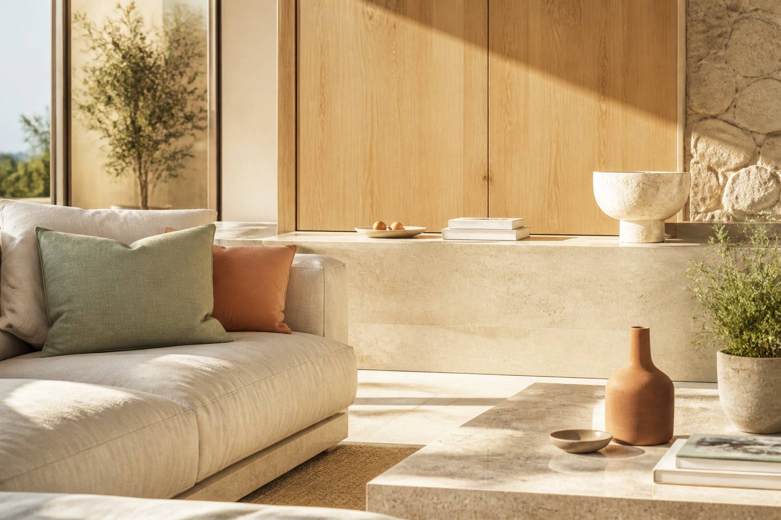 Matières chêne miel et travertin dans un intérieur ensoleillé