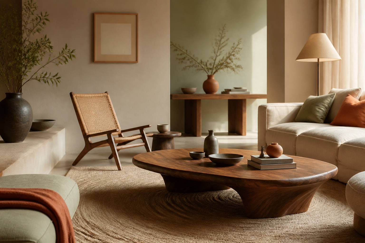 Intérieur élégant avec meuble sculptural et fauteuil cannage