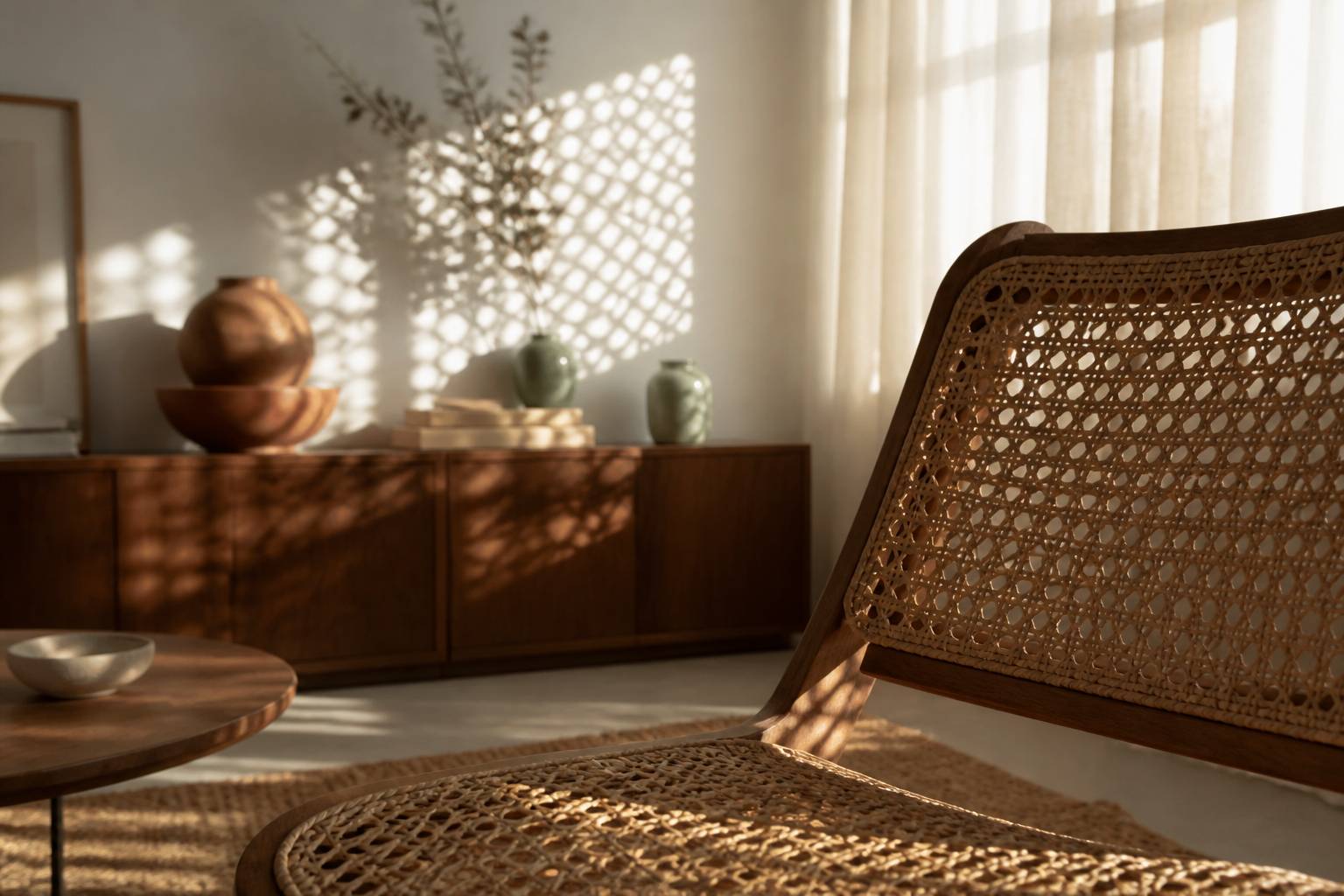 Cannage ajouré d'une assise en rotin avec ombre en motifs sur le mur