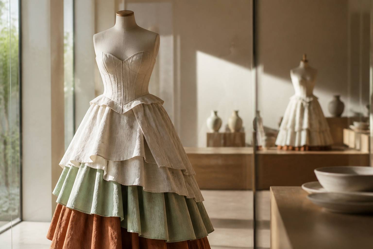 Détail de couture avec jupons et corsages en vitrine muséale