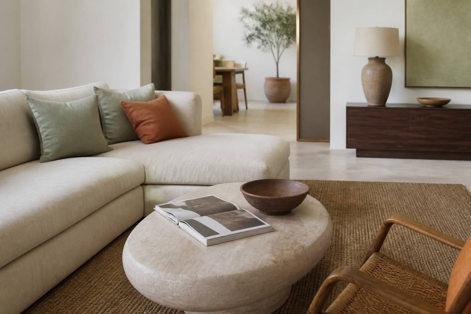 Détail de table basse ovale en travertin avec livre et coupe en céramique