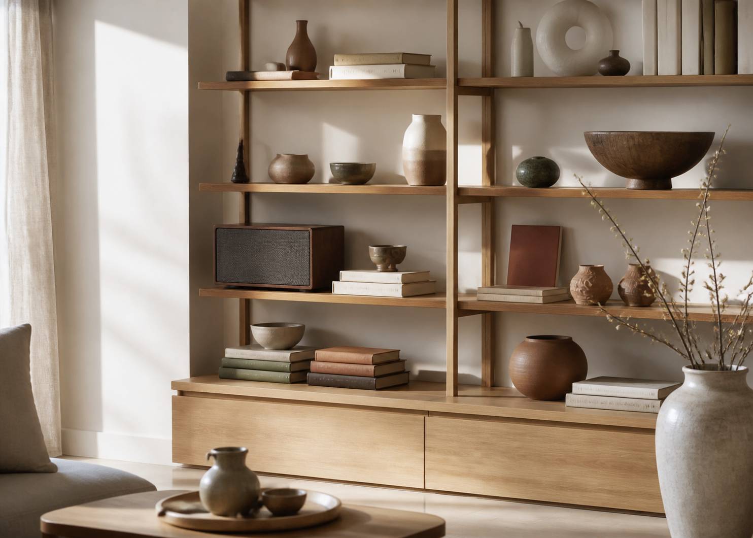 Étagère murale en bois clair avec enceinte rétro, vases et livres sans texte