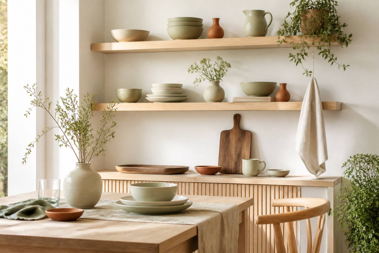 Étagères en bois clair avec vaisselle en céramique et plantes vertes