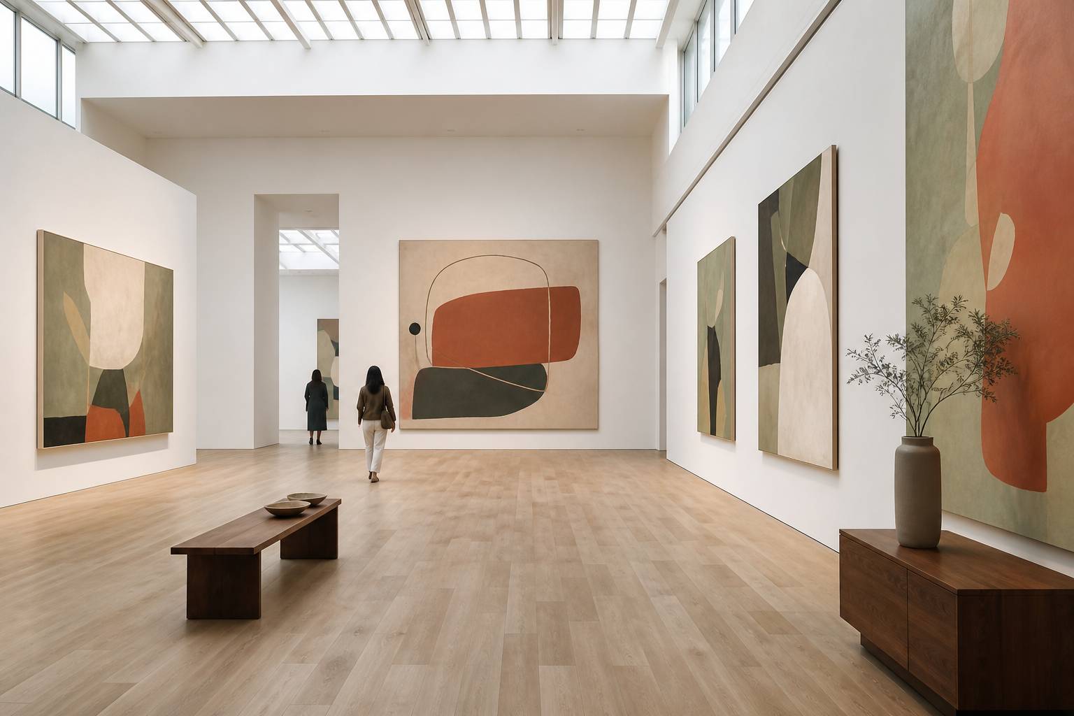 Galerie de musée lumineuse avec de grandes toiles abstraites colorées