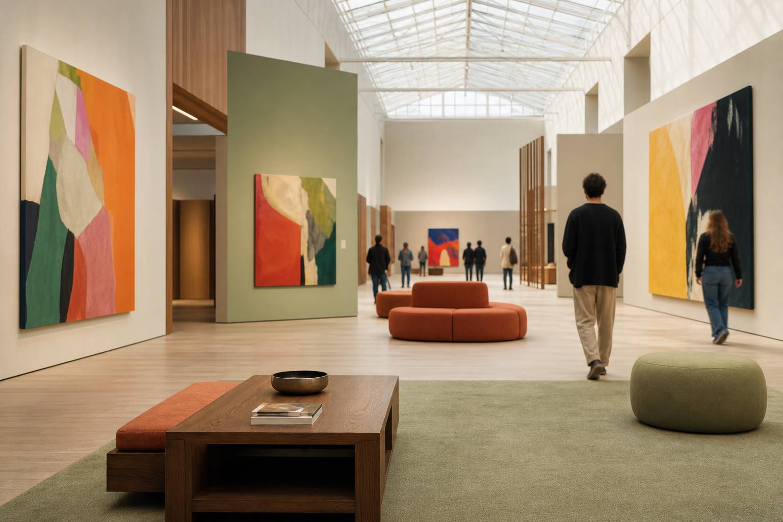 Salle d'exposition sous verrière avec de grandes œuvres abstraites aux couleurs vives