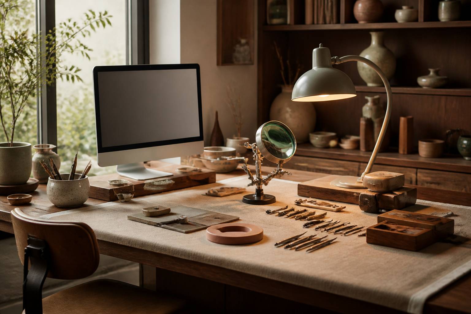 Poste de travail minutieux avec loupe et lampe à lumière douce