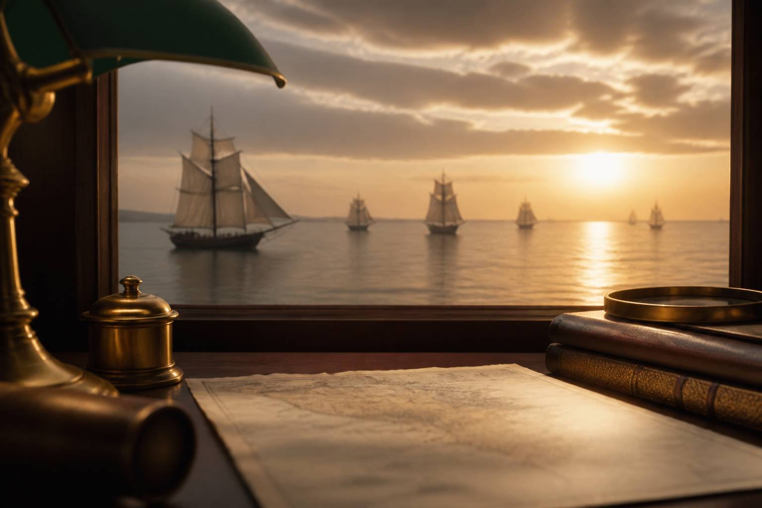 Navires à voiles génériques sur la mer au coucher du soleil