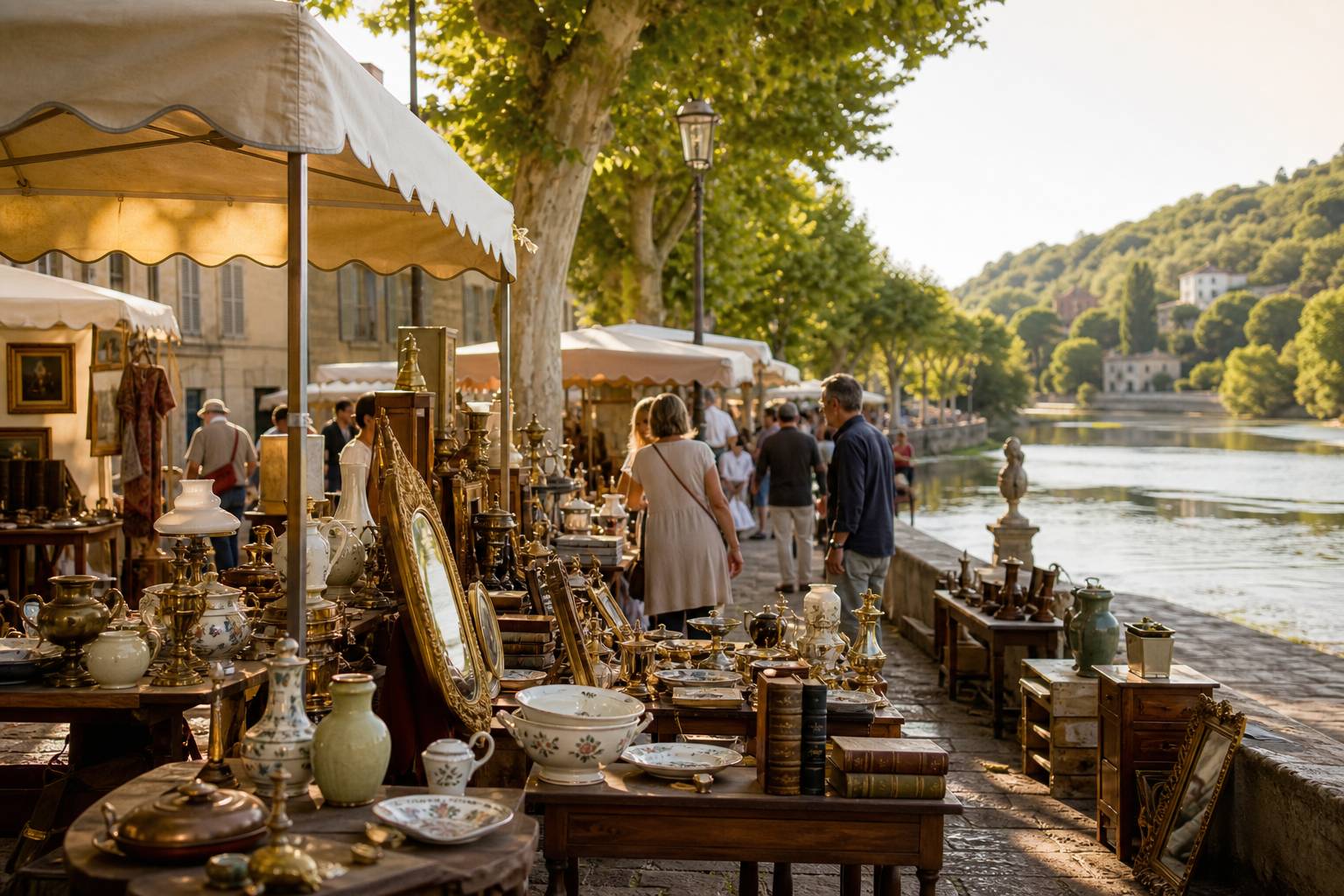Allée de stands de brocante chargés d'objets anciens le long d'une rivière en fin d'après-midi