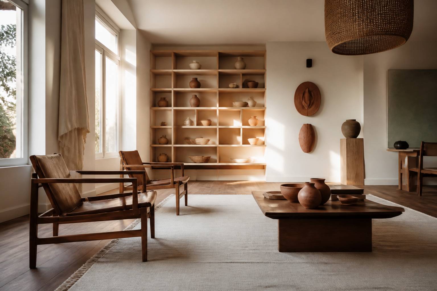 Galerie lumineuse avec fauteuils vintage, étagère en bois et sculptures en terre cuite
