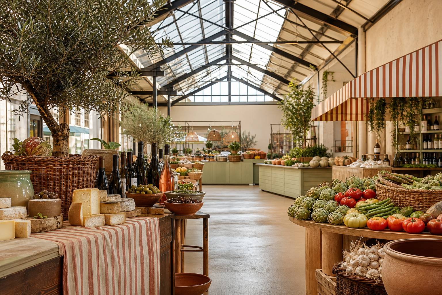 Halle de marché avec étals de fruits, olives et vins languedociens