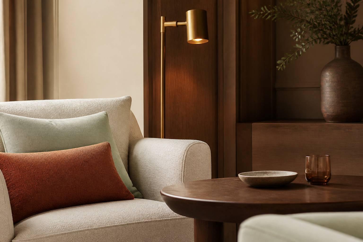 Coin salon feutré d'hôtel avec fauteuil et boiseries