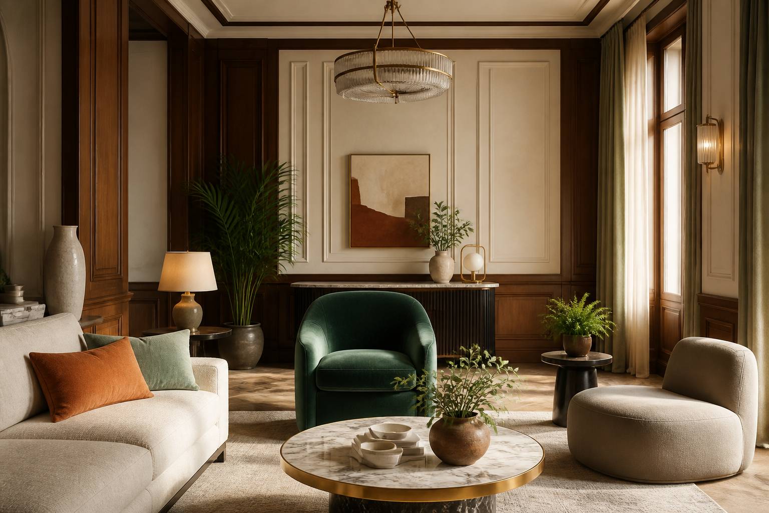 Salon d'hôtel Art déco avec fauteuil en velours émeraude et marbre