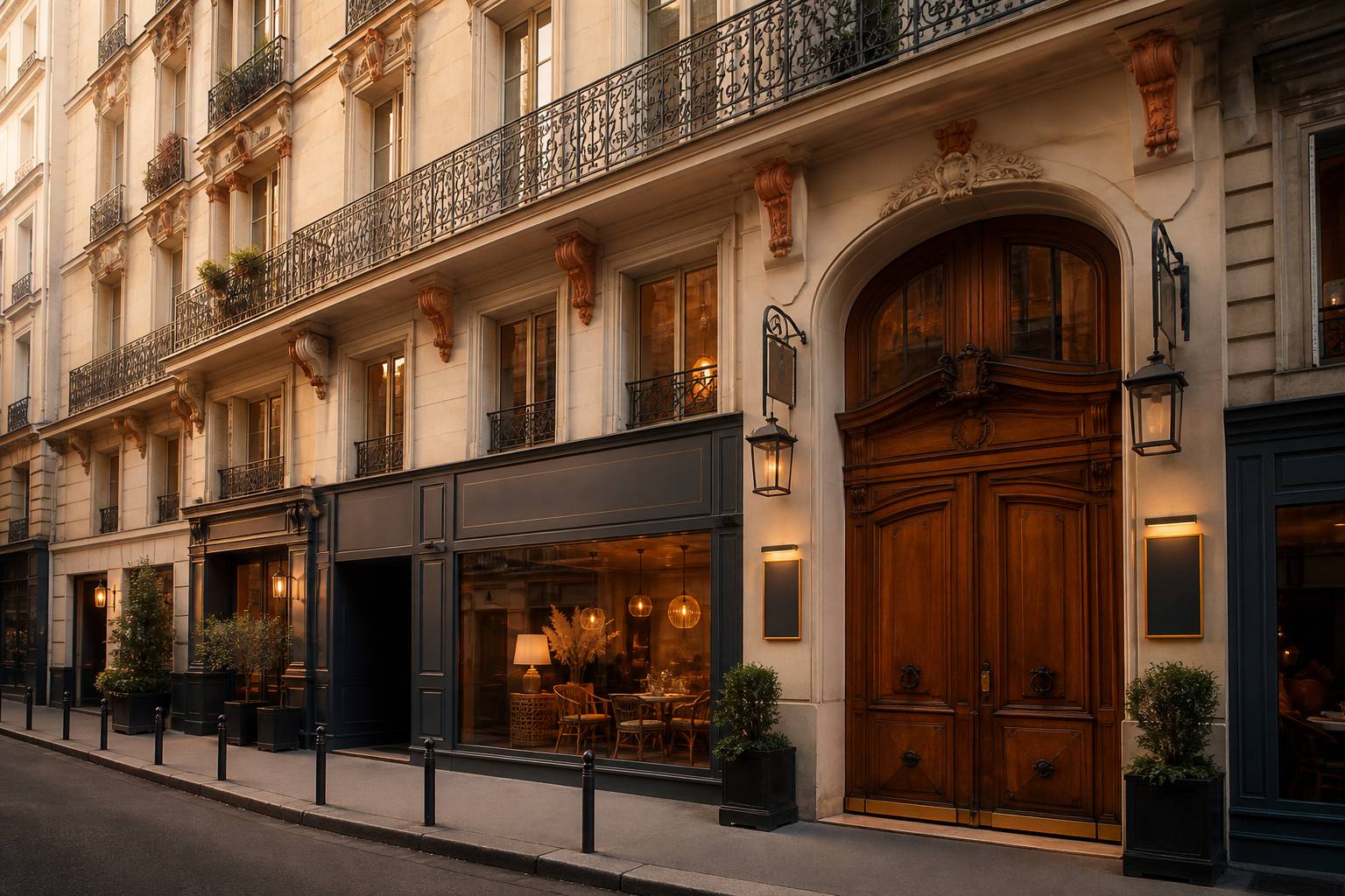 Façade haussmannienne d'hôtel parisien avec intérieur vintage chaleureux