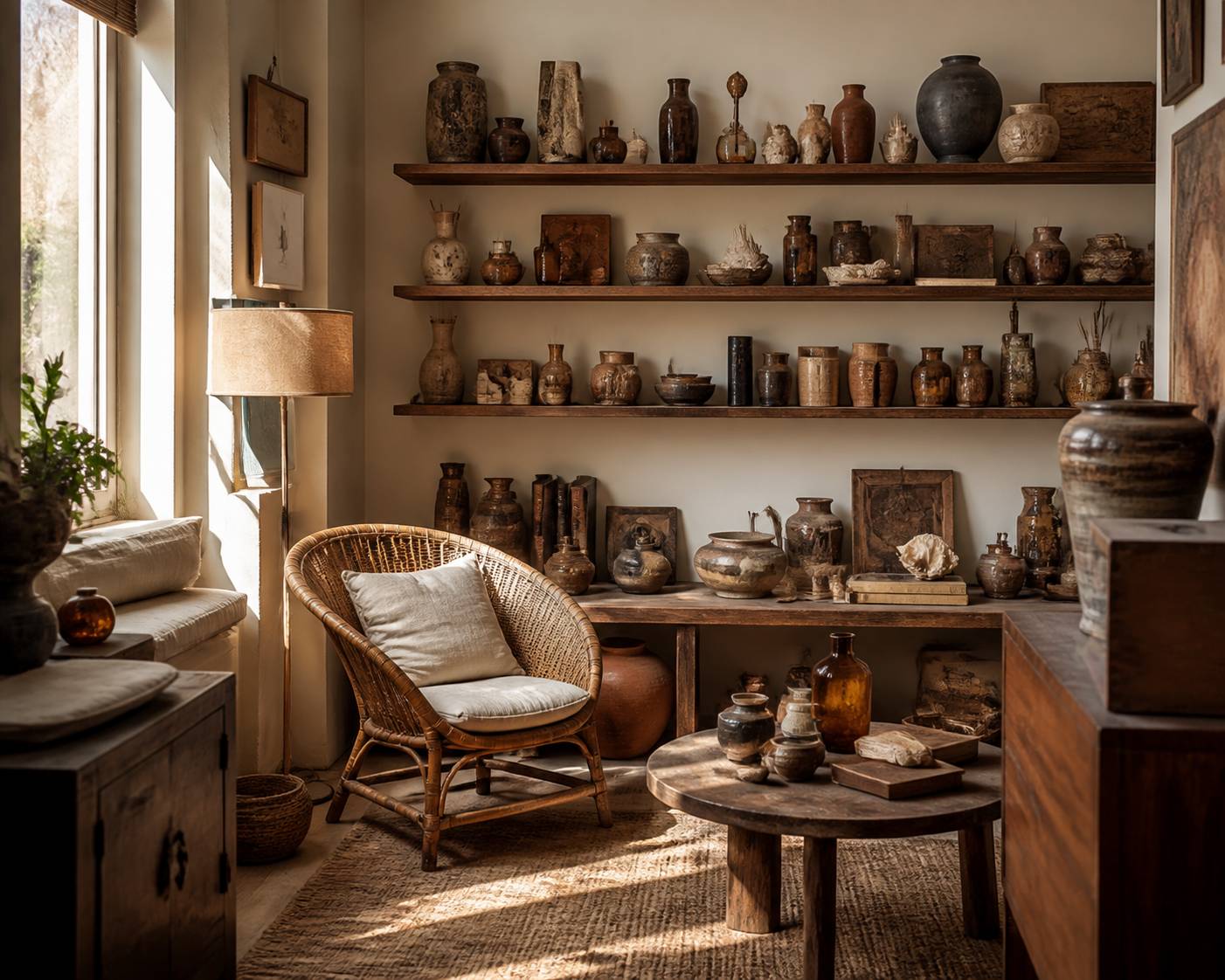 Petit intérieur intimiste avec des étagères d'objets chinés en bois, métal et céramique