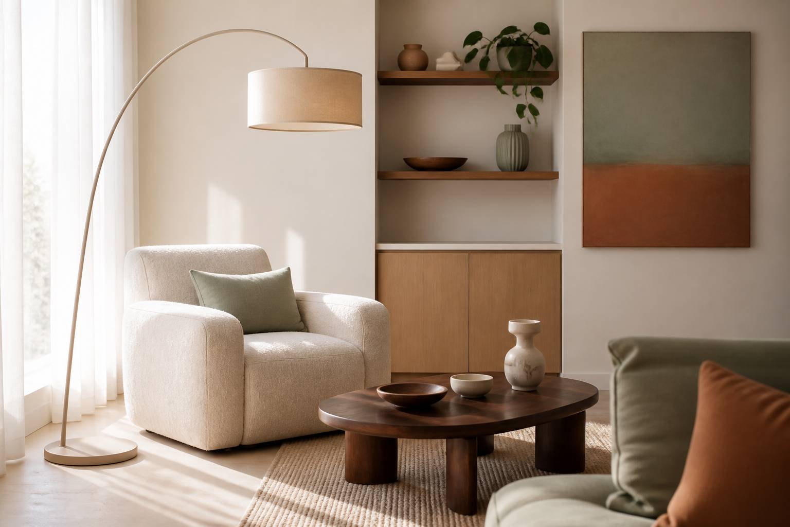 Lampadaire au design sculptural dans un salon contemporain baigné de lumière