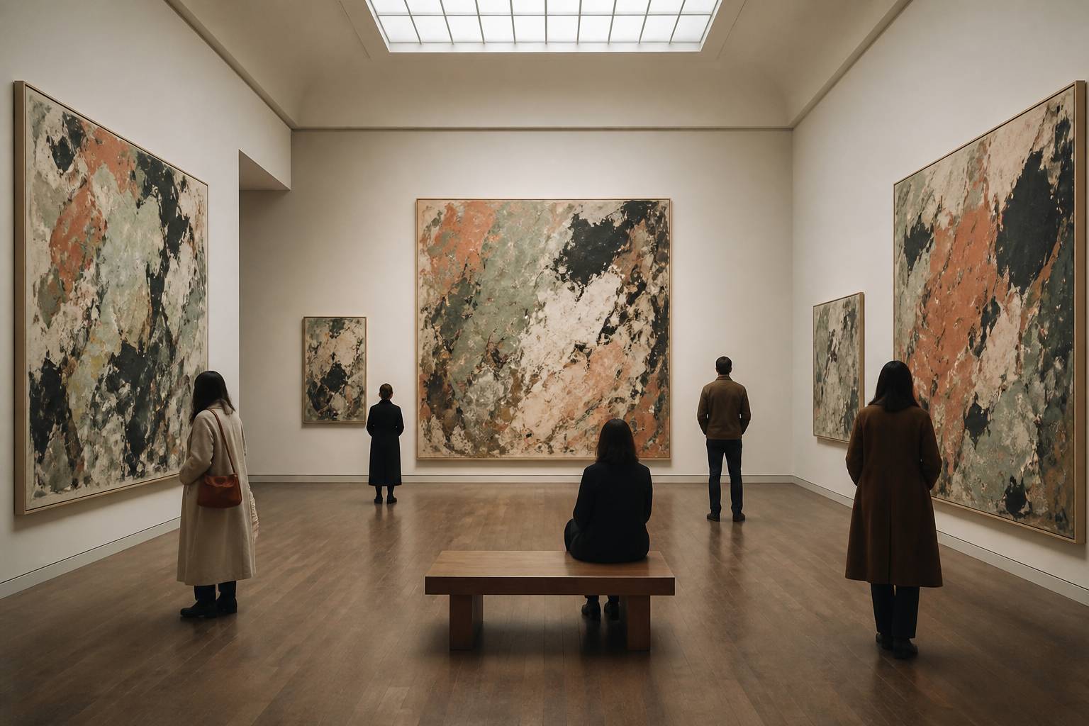 Grande salle de musée avec des tableaux expressionnistes accrochés aux cimaises et visiteurs de dos