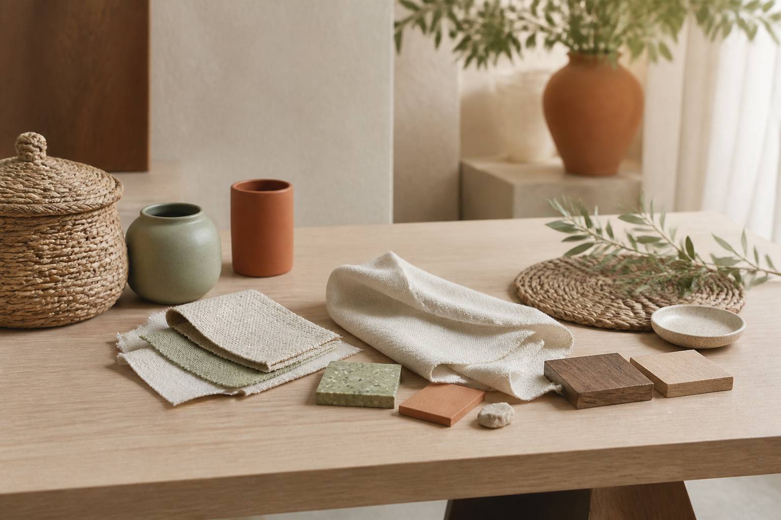 Objet artisanal en fibres végétales posé sur une table en bois