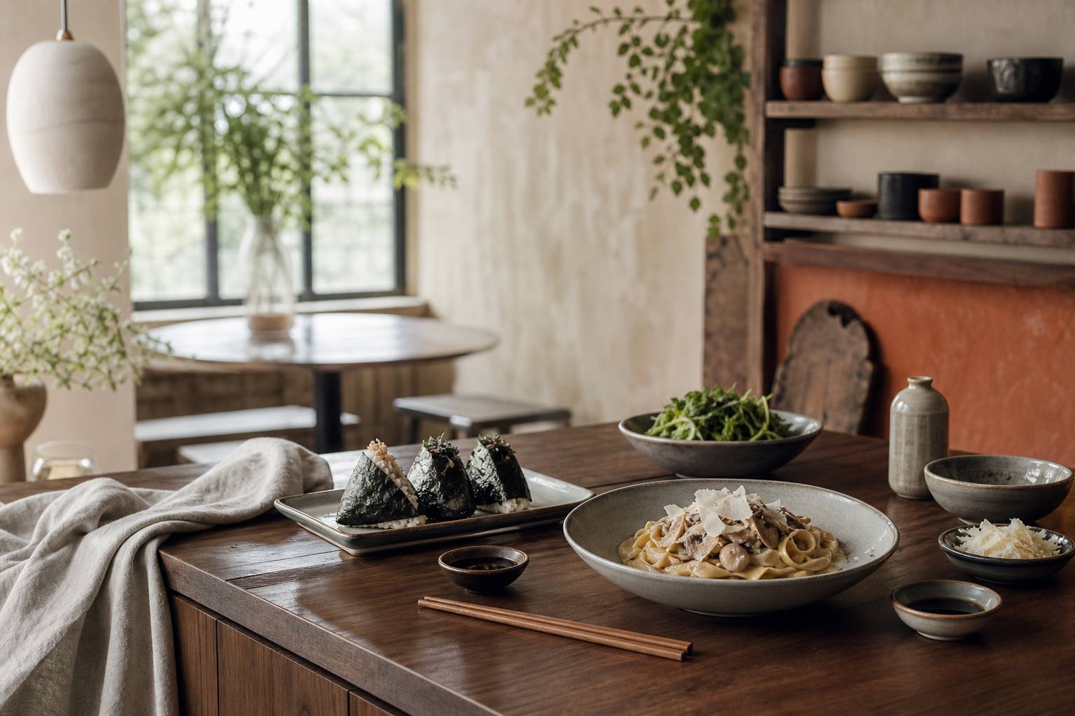 Onigiris et pâtes fraîches italo-japonaises présentés sur un comptoir en bois avec céramique artisanale
