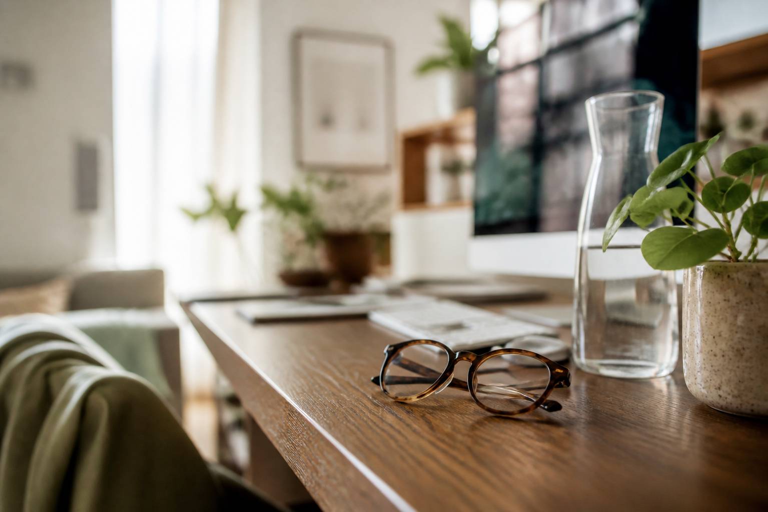 Lunettes de repos et plante verte sur un bureau pour reposer les yeux