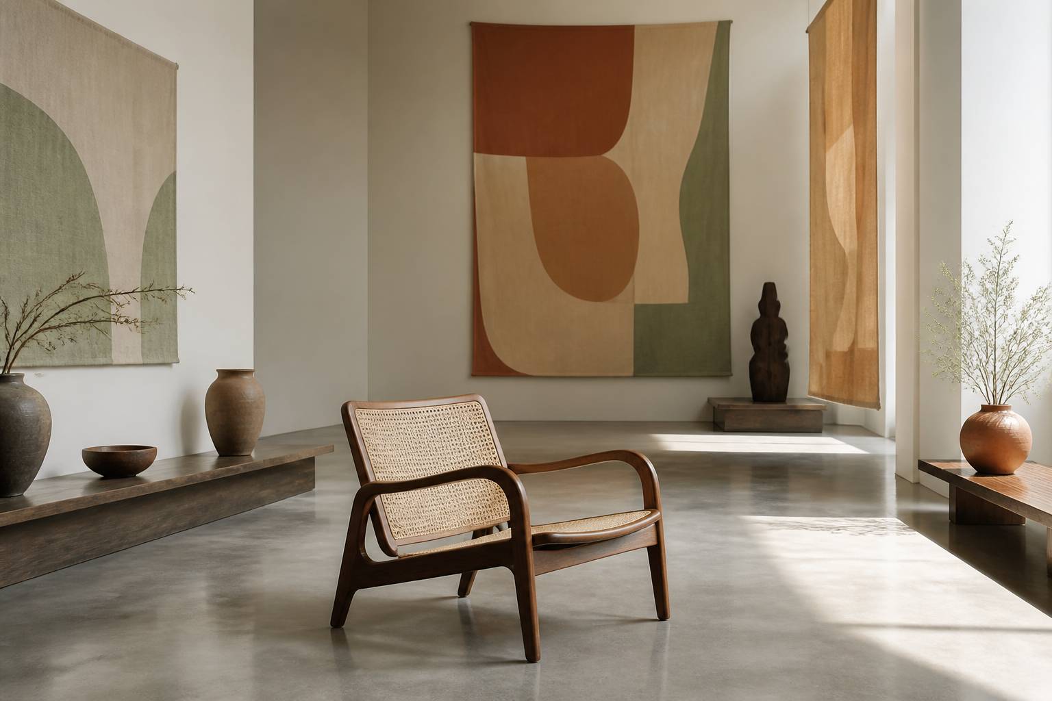 Fauteuil en bois courbé et cannage dans une galerie