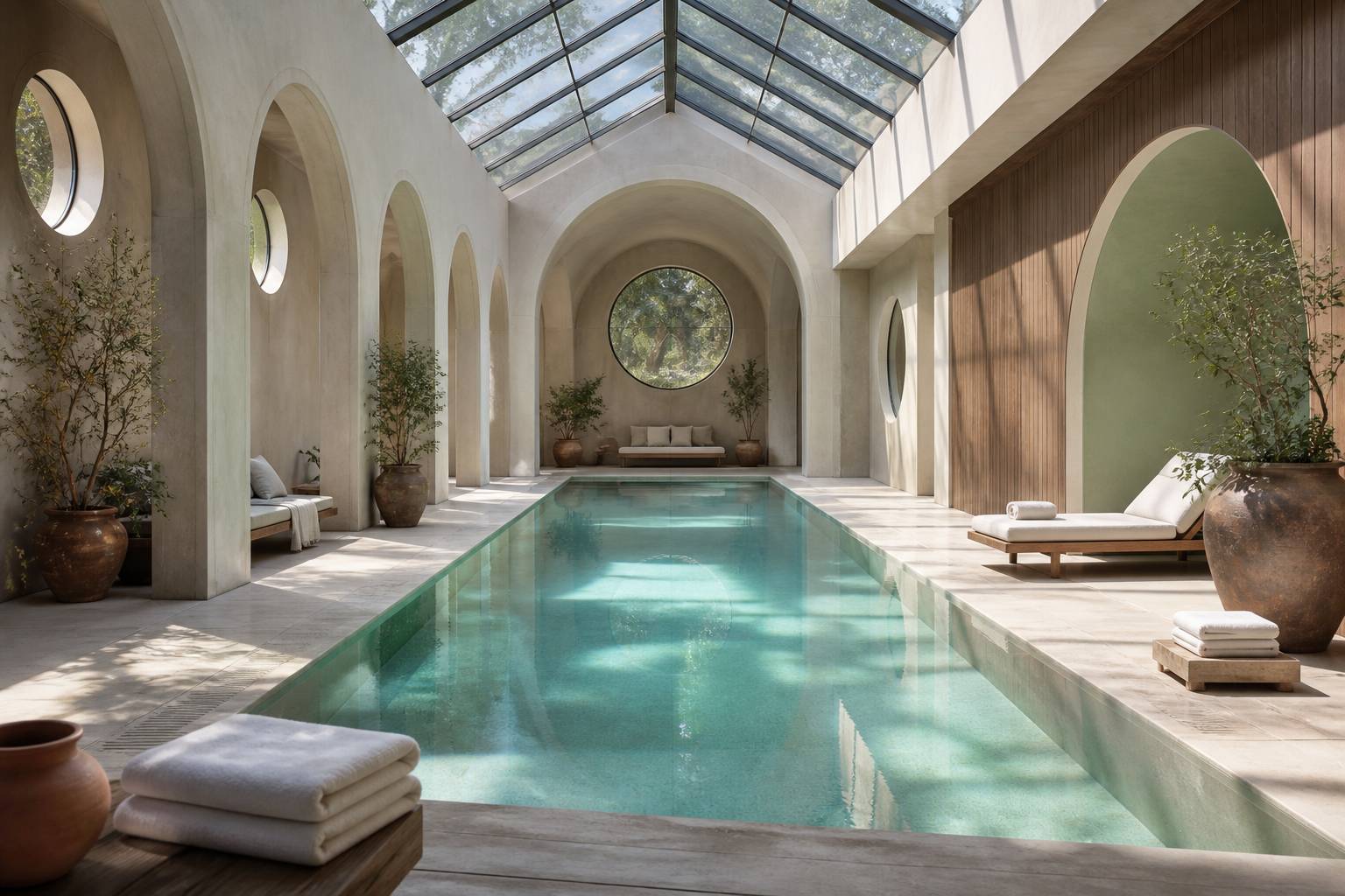 Piscine intérieure d'hôtel à l'eau turquoise avec arches en pierre claire