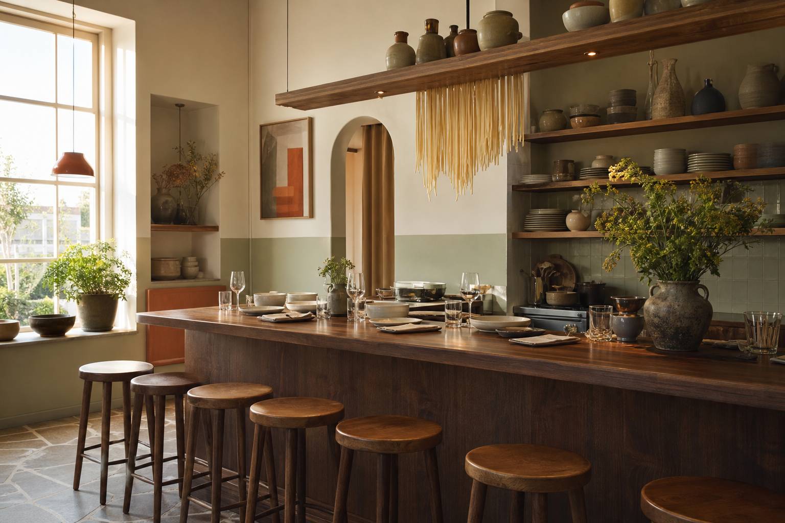 Intérieur intimiste d'un micro-restaurant avec comptoir en bois massif et pâtes fraîches, ambiance cosy