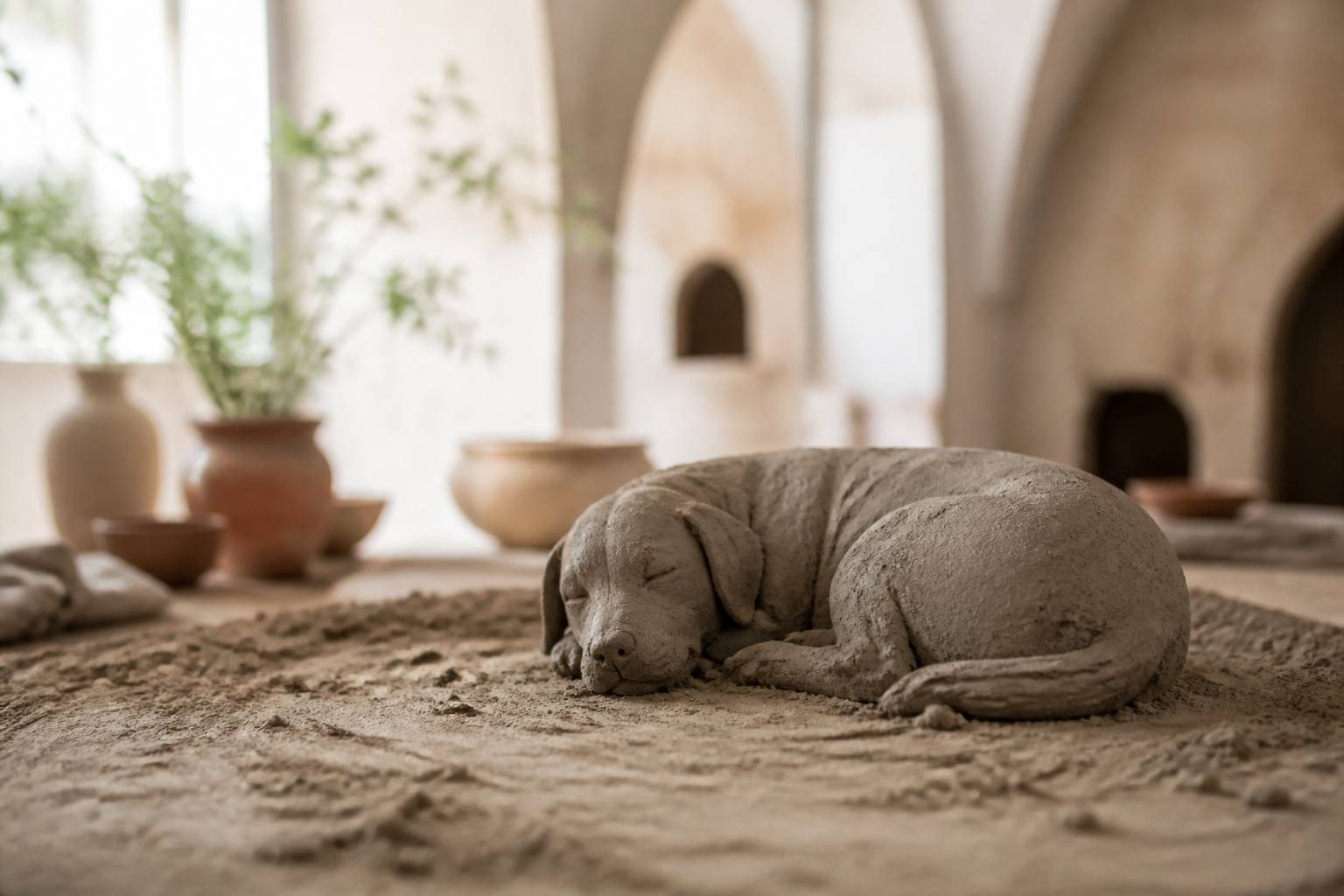 Gros plan de sable sculpté avec traces de doigts et un chien endormi