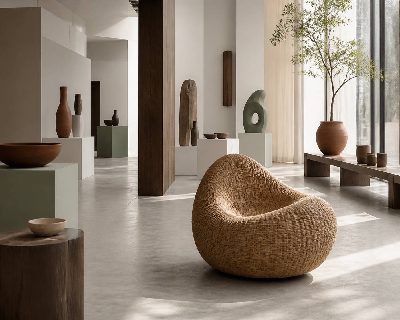 Mobilier sculptural en fibres naturelles dans un salon d'exposition