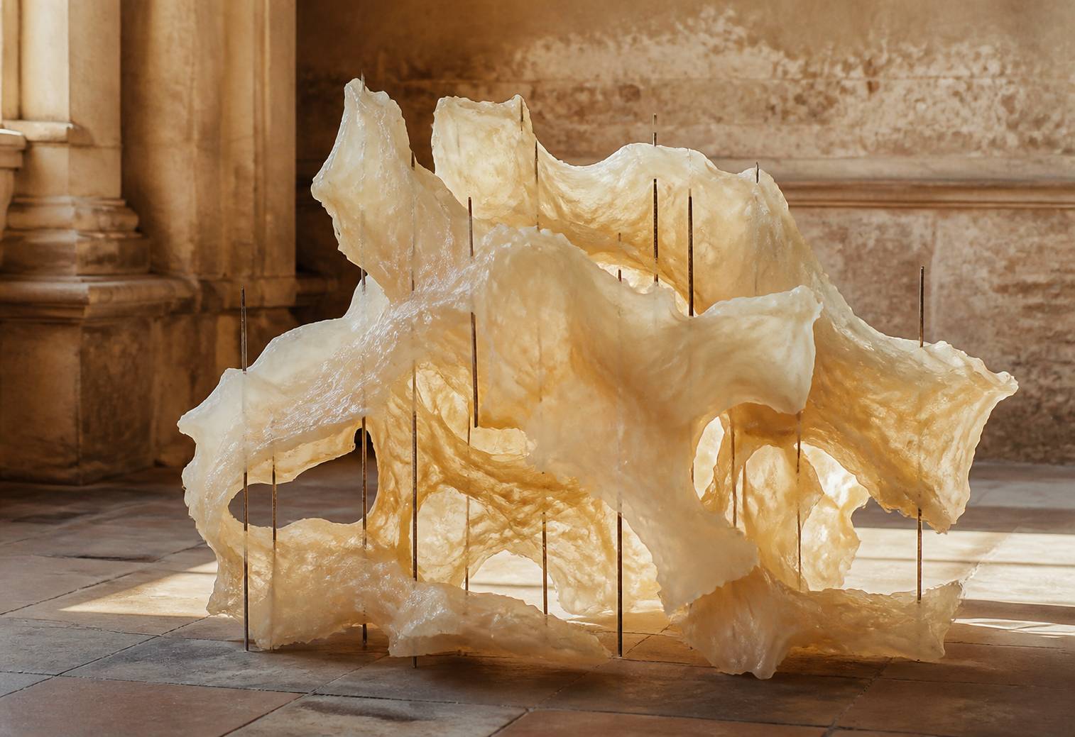 Détail d'une sculpture de cire translucide aux fines tiges d'acier