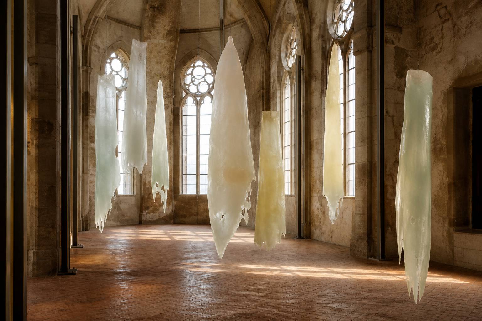 Sculptures de cire suspendues dans un ancien couvent aux hautes fenêtres