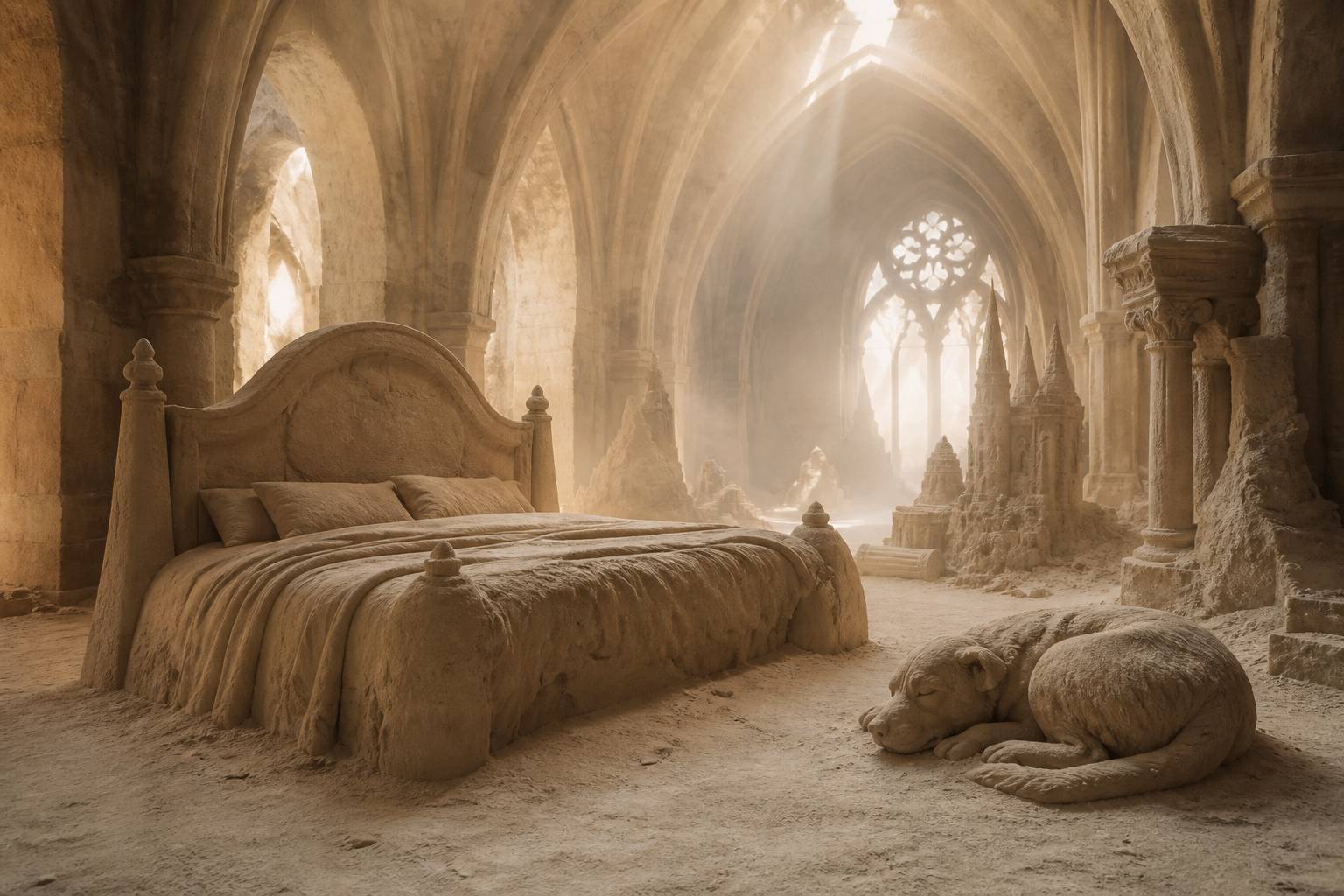 Sculptures de sable monumentales sous les voûtes en pierre d'une salle médiévale
