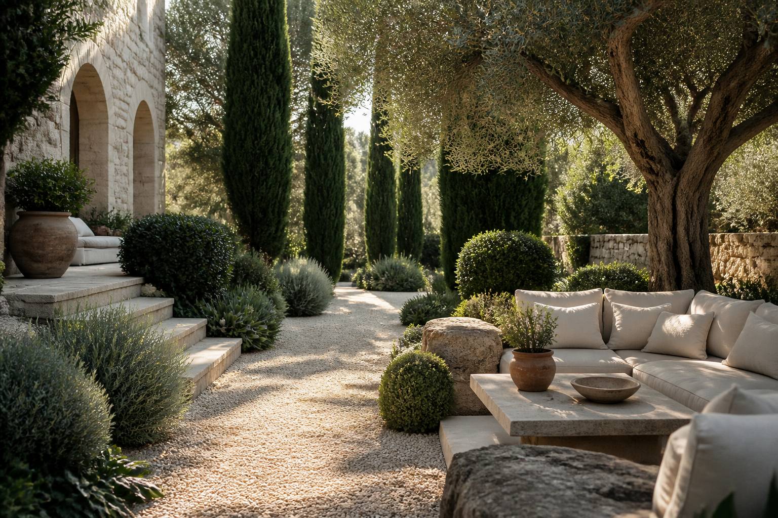 Jardin méditerranéen d'une villa de luxe avec cyprès et oliviers