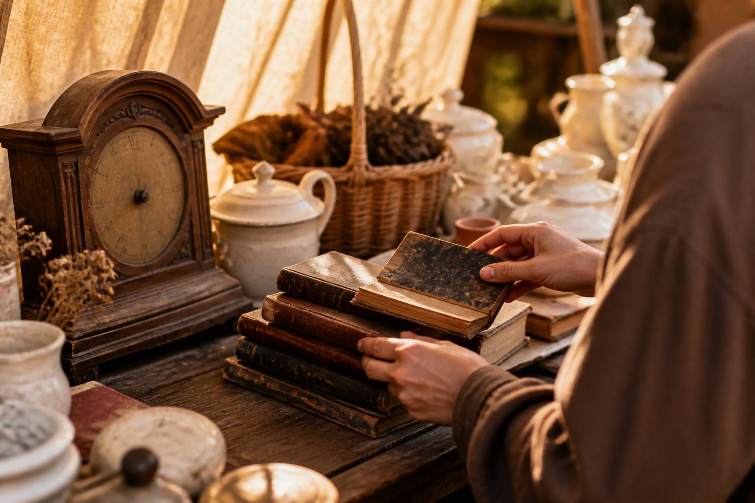 Mains feuilletant des livres anciens sur un stand de brocante avec horloge et porcelaines