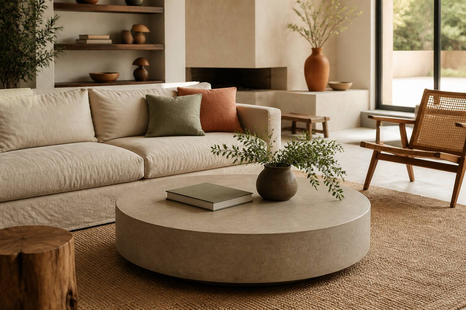 Table basse ronde effet béton dans un salon lumineux avec canapé en lin