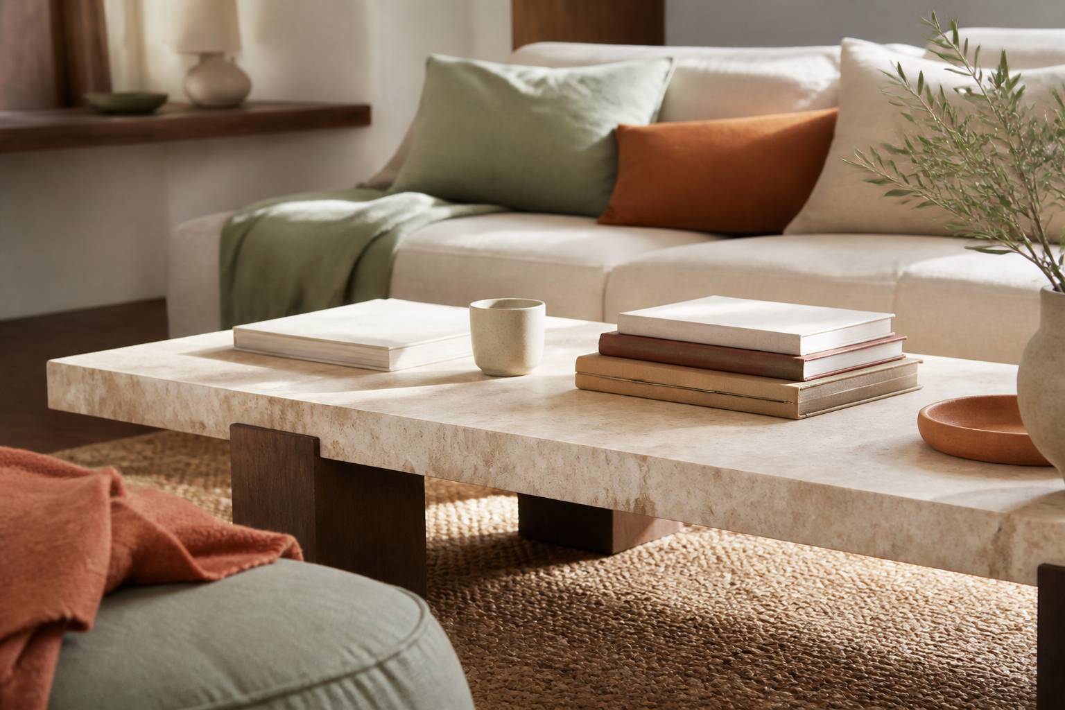 Détail du plateau en travertin d'une table basse avec des livres et une tasse