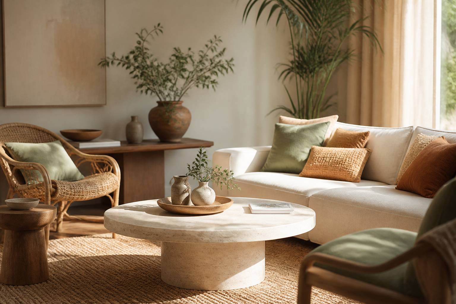 Table basse ronde en travertin dans un salon lumineux avec cannage