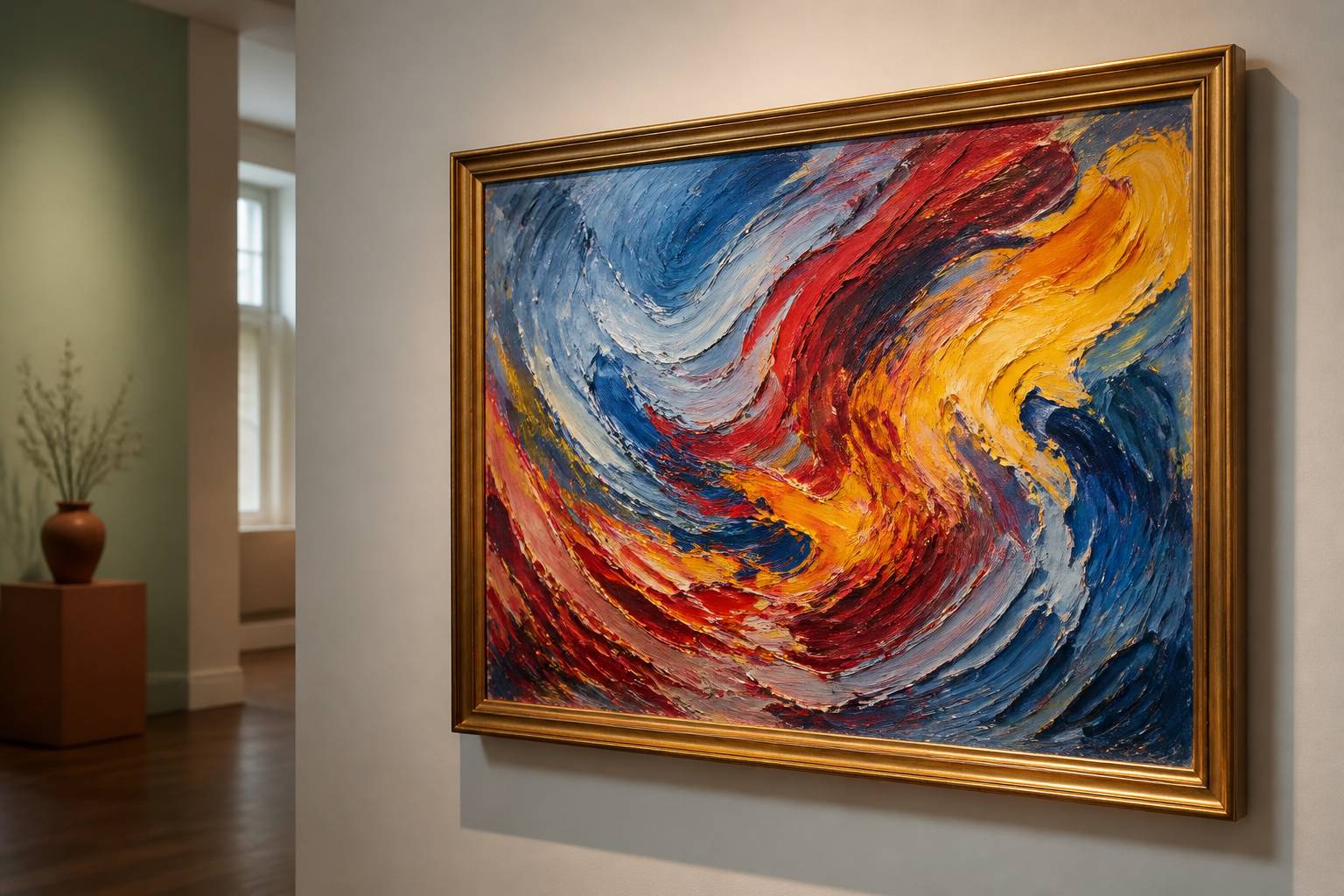 Tableau expressionniste abstrait aux tourbillons de couleurs vives dans un cadre doré