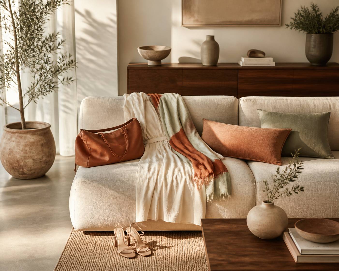 Composition mode avec robe fluide, foulard et sac en cuir poses sur un canape en lin