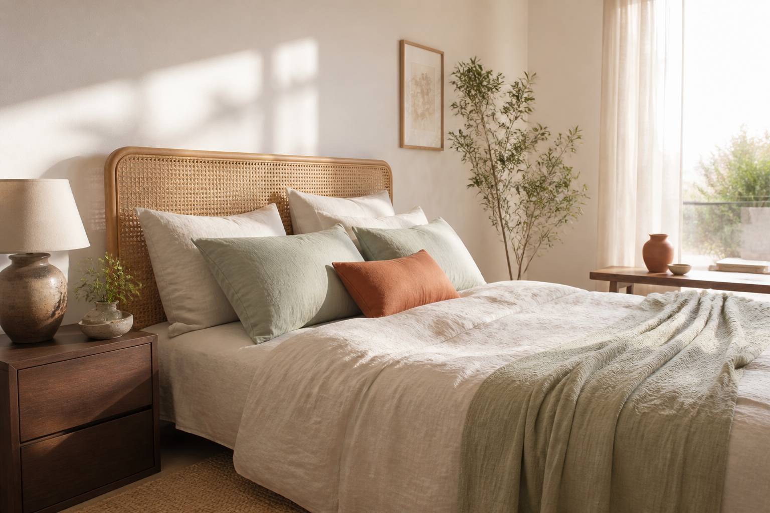 Chambre lumineuse avec tête de lit en cannage et linge de lit en lin