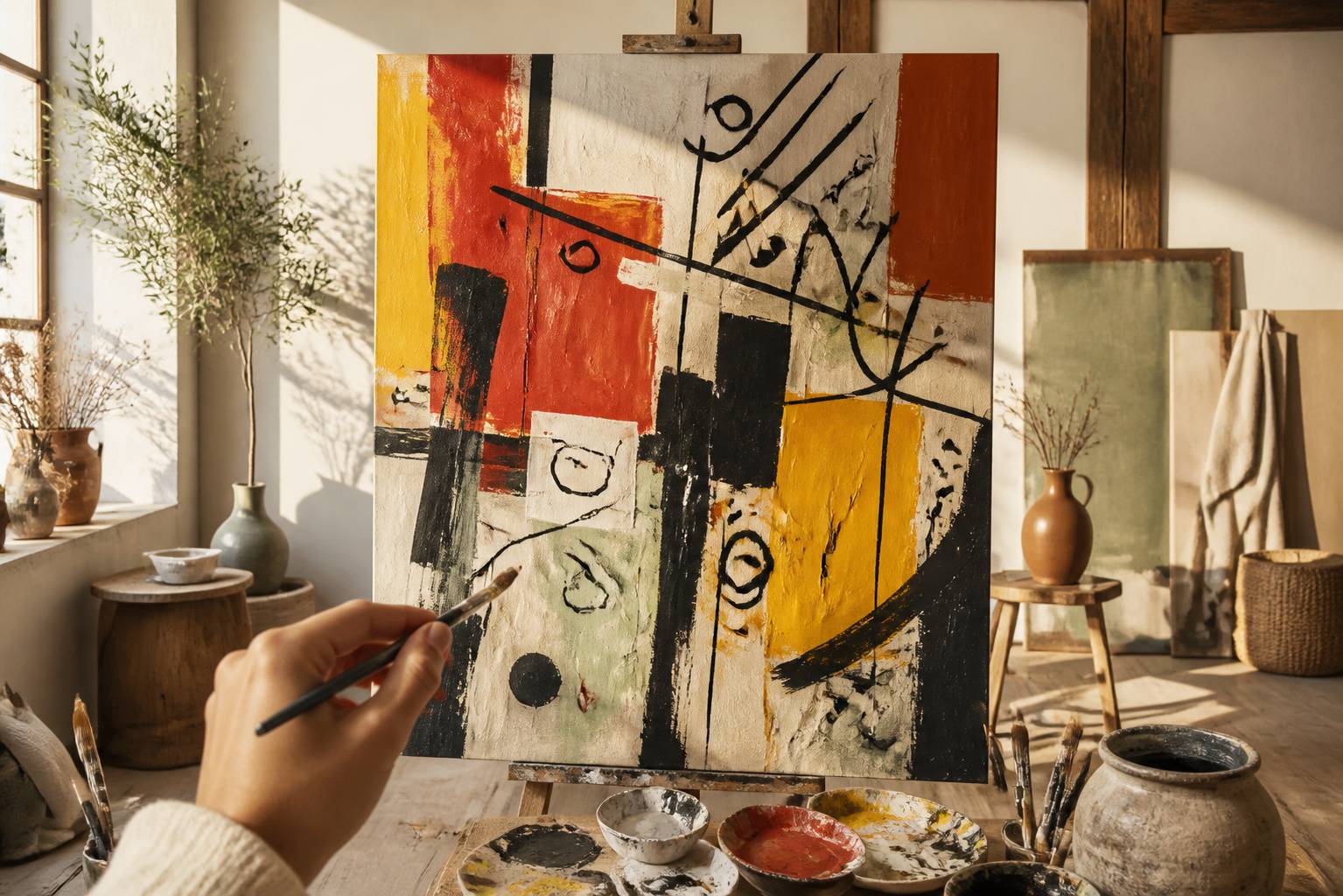 Grande toile en cours avec aplats colorés et traits noirs, pinceau au premier plan