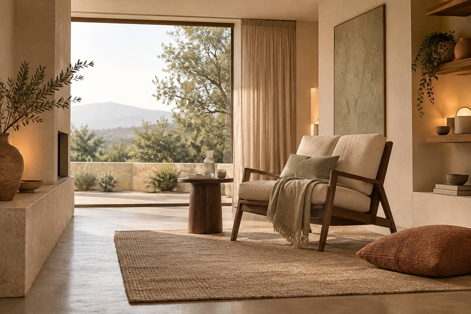 Piece tamisee dediee a la detente avec fauteuil lounge vide